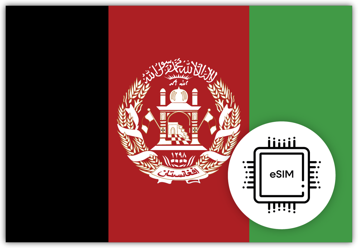 Afganistan eSIM – Travel connectivity for Afganistan. Image featuring the Afgani flag and an eSIM icon