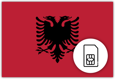 Albania SIM Card – Travel connectivity for Albania. Image featuring the Albanian flag and a SIM card icon
