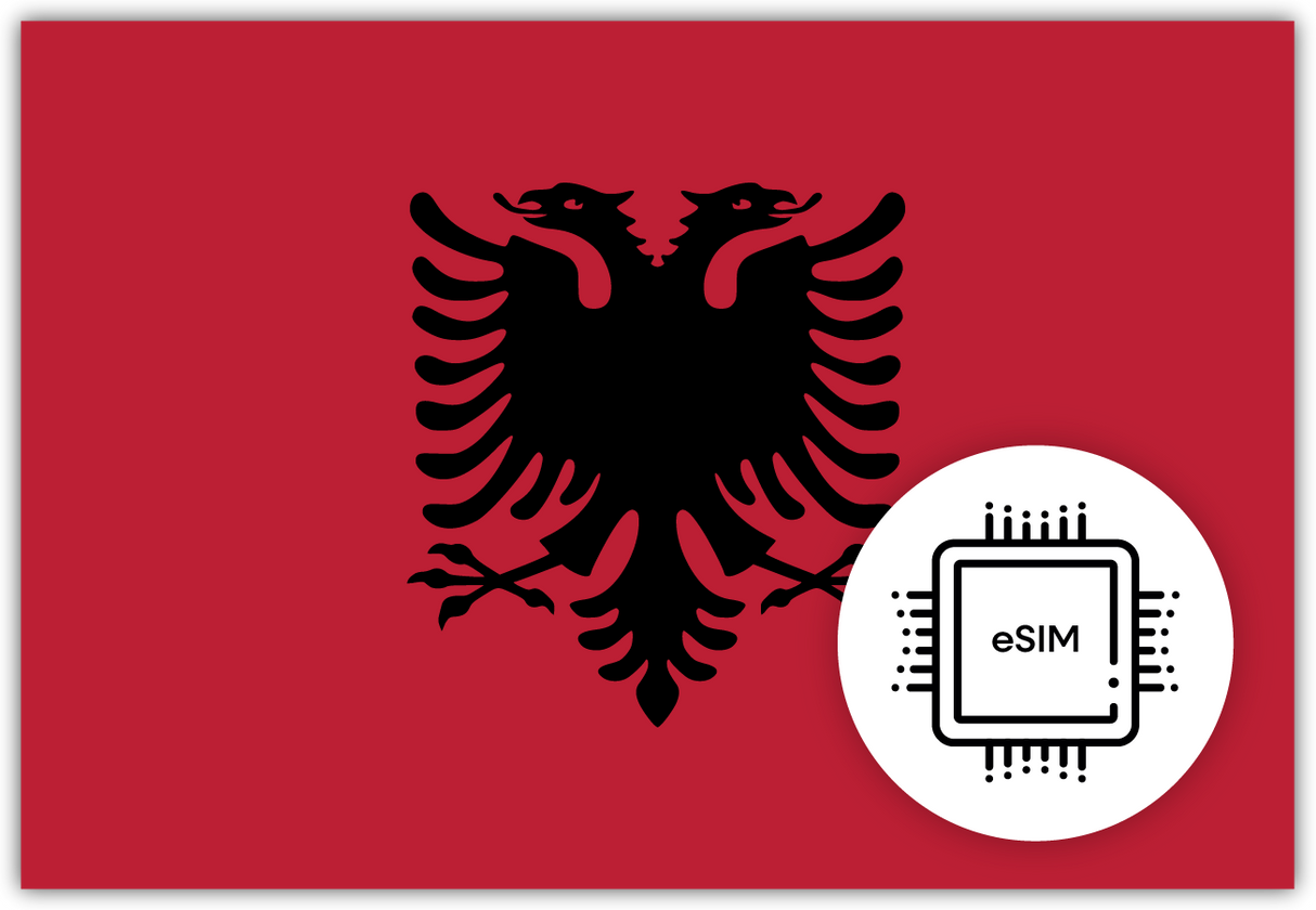 Albania eSIM – Travel connectivity for Albania. Image featuring the Albanian flag and an eSIM icon