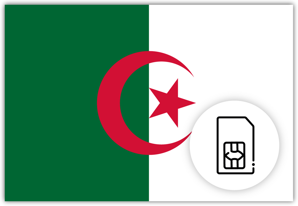 Algeria SIM Card – Travel connectivity for Algeria. Image featuring the Algerian flag and a SIM card icon