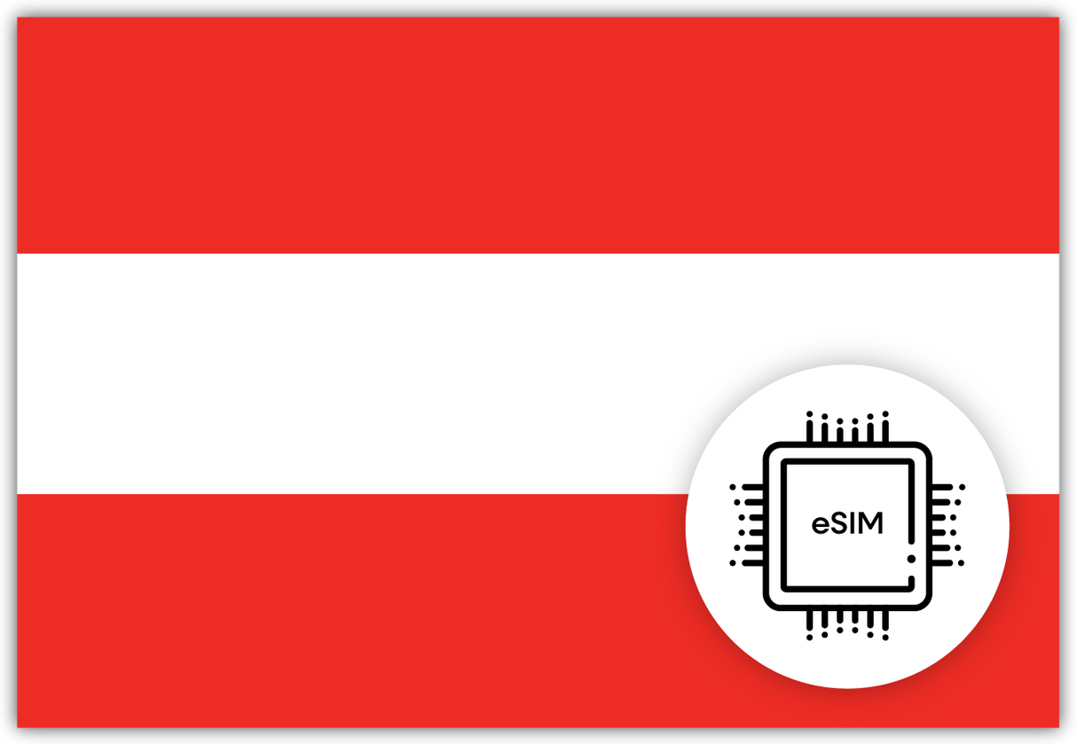 Austria eSIM – Travel connectivity for Austria. Image featuring the Austrian flag and an eSIM icon
