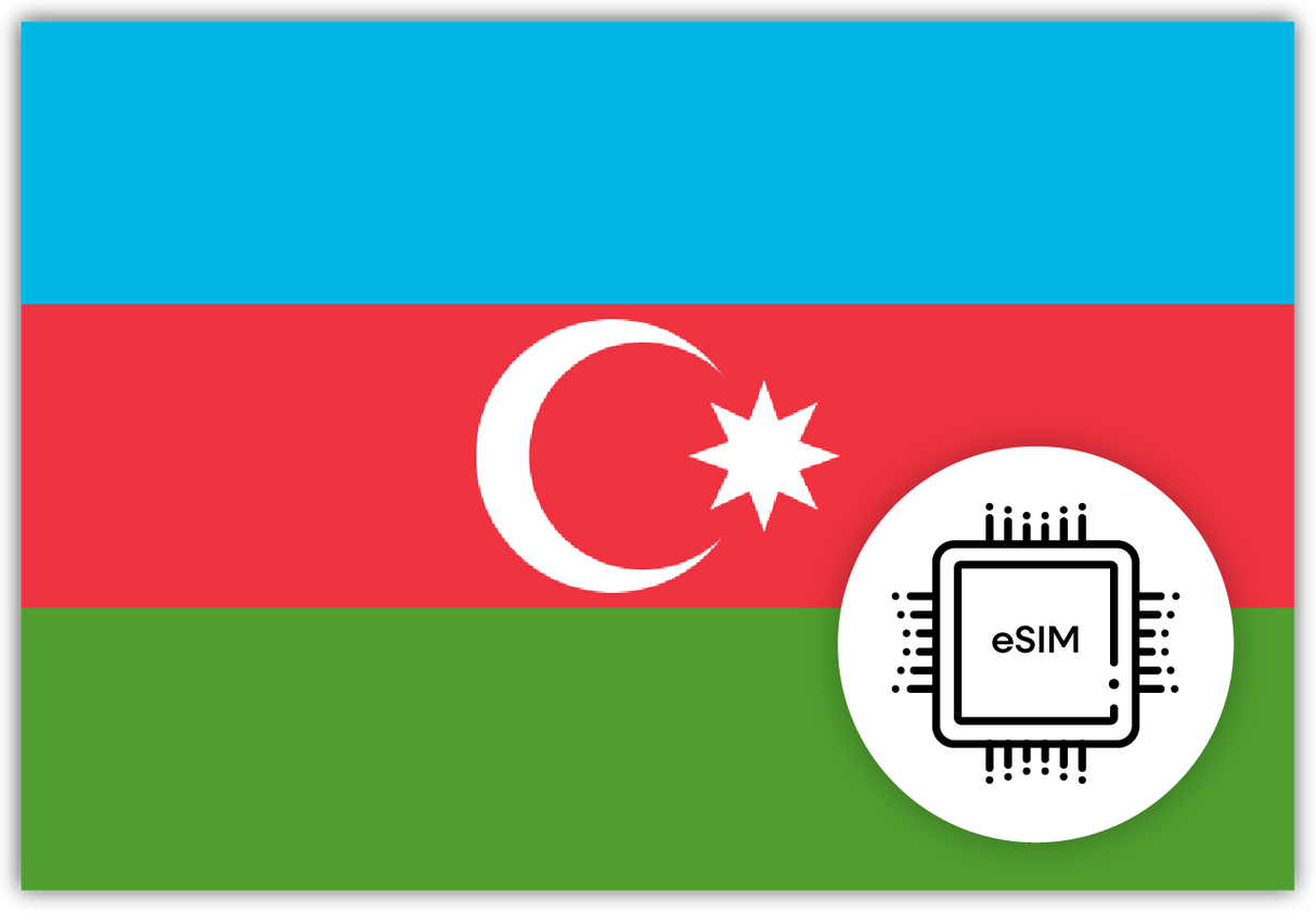 Azerbaijan eSIM – Travel connectivity for Azerbaijan. Image featuring the Azerbaijani flag and an eSIM icon.