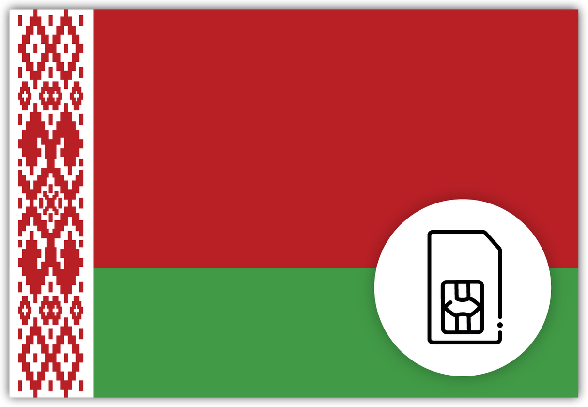 Belarus SIM Card – Travel connectivity for Belarus. Image featuring the Belarusian flag and a SIM Card icon