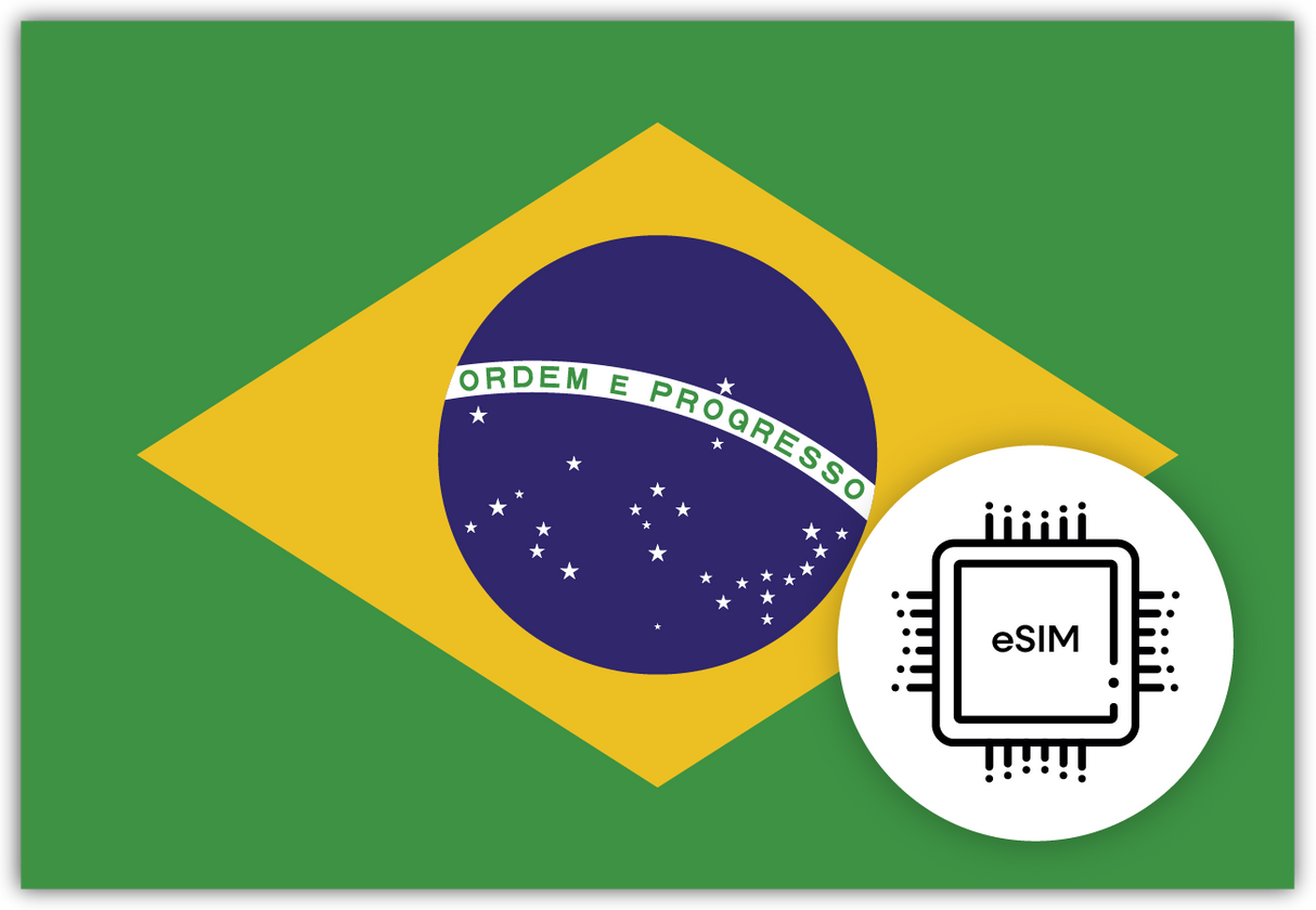 Brazil eSIM – Travel connectivity for Brazil. Image featuring the Brazilian flag and an eSIM icon