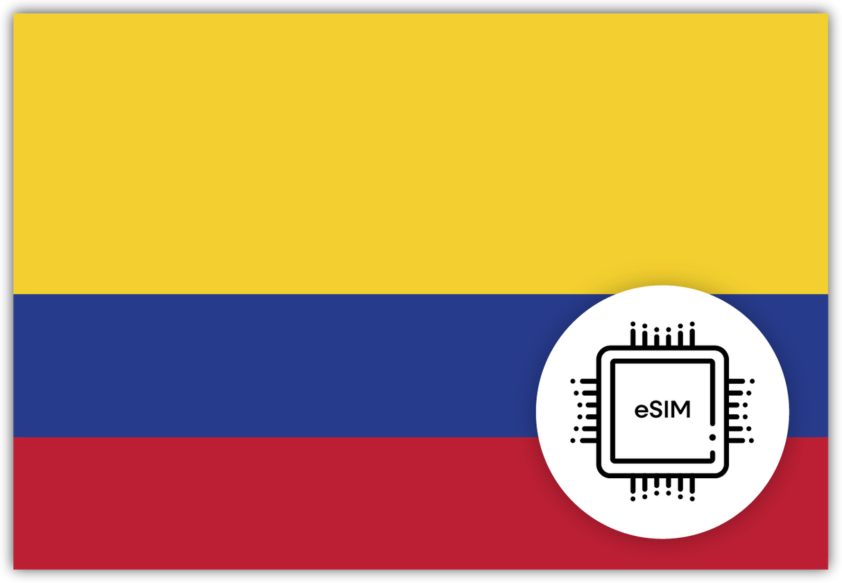 Colombia SIM Card or eSIM – Travel connectivity for Colombia. Image featuring the Colombian flag and a SIM card / eSIM icon