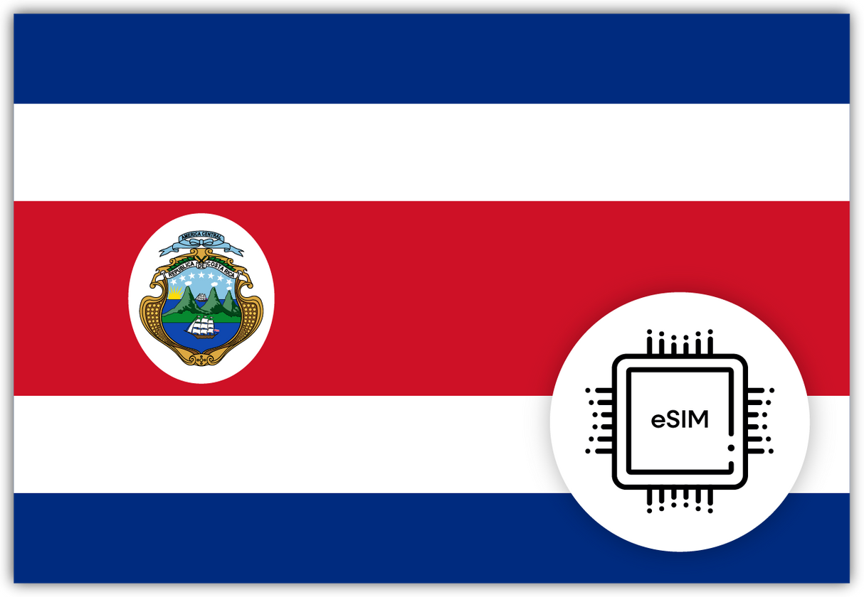 Costa Rica eSIM – Travel connectivity for Costa Rica. Image featuring the Costa Rican flag and eSIM icon