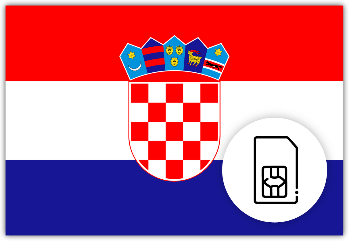Croatia SIM Card – Travel connectivity for Croatia. Image featuring the Croatian flag and a SIM Card icon