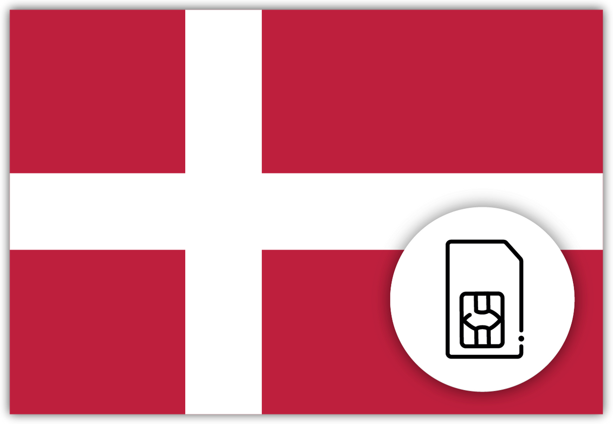 Denmark SIM Card – Travel connectivity for Denmark. Image featuring the Danish flag and a SIM Card icon