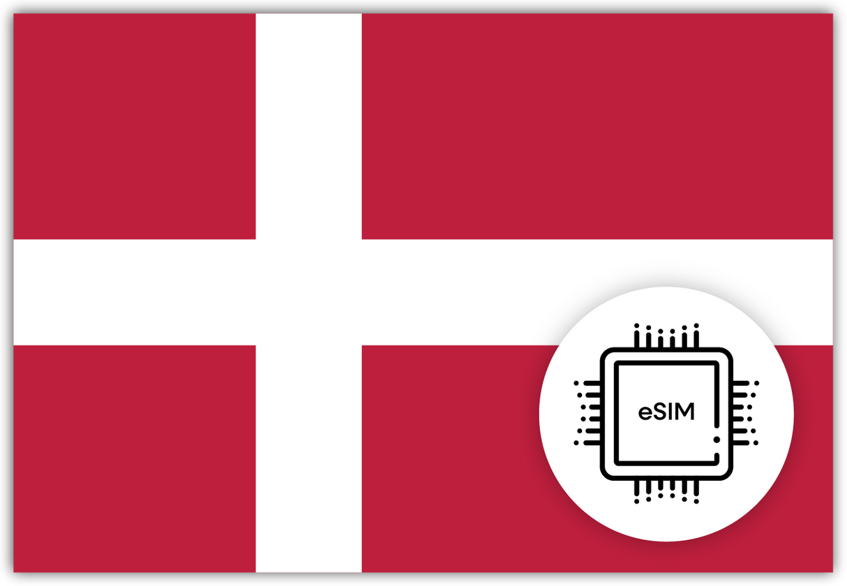 Denmark eSIM – Travel connectivity for Denmark. Image featuring the Danish flag and an eSIM icon