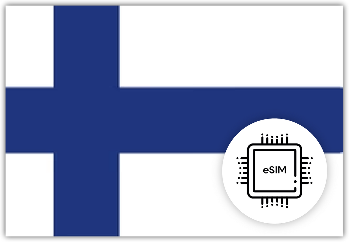 Finland eSIM – Travel connectivity for Finland. Image featuring the Finnish flag and an eSIM icon