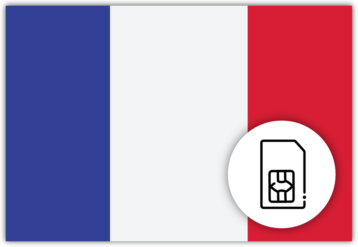 French SIM Card – Travel connectivity for French . Image featuring the French flag and a SIM Card icon