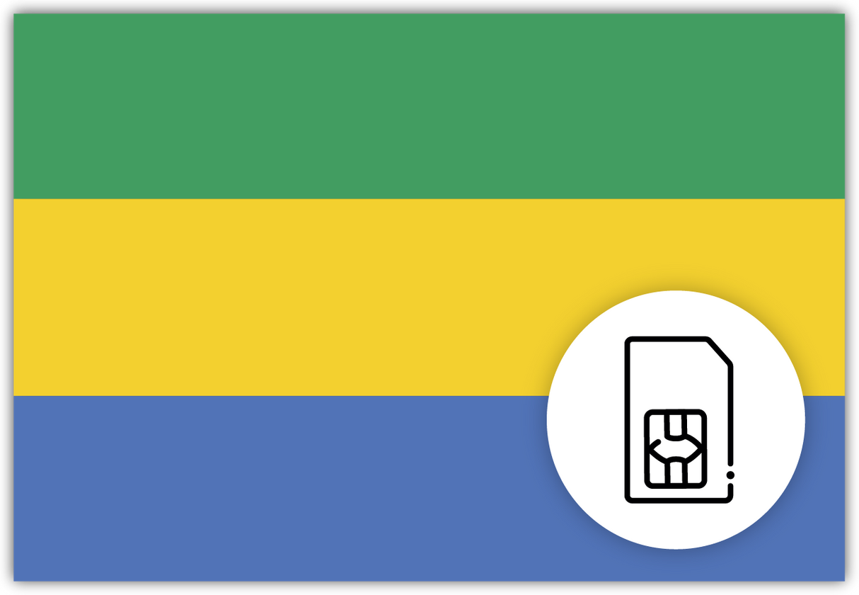 Gabon SIM Card – Travel connectivity for Gabon. Image featuring the Gabonese flag and a SIM card icon.