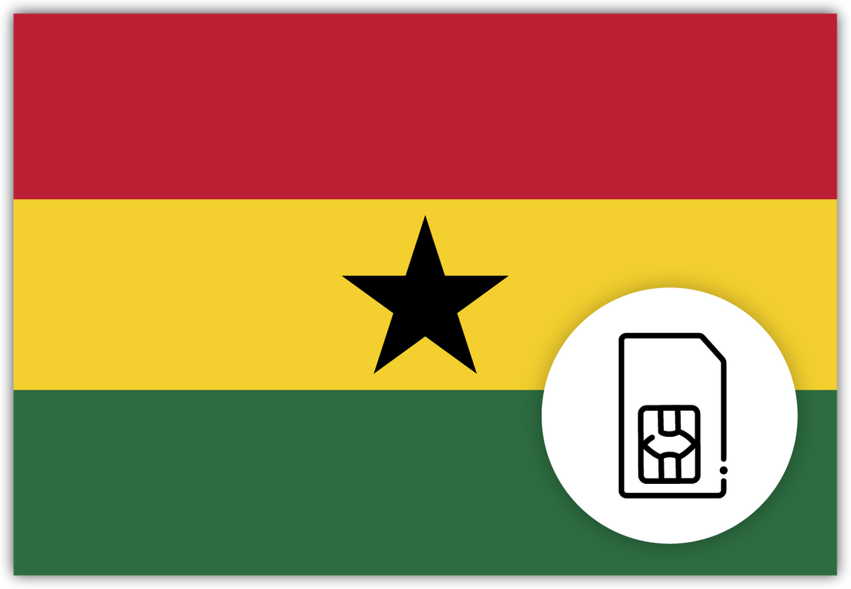 Ghana SIM Card – Travel connectivity for Ghana. Image featuring the Ghanaian flag and a SIM card icon