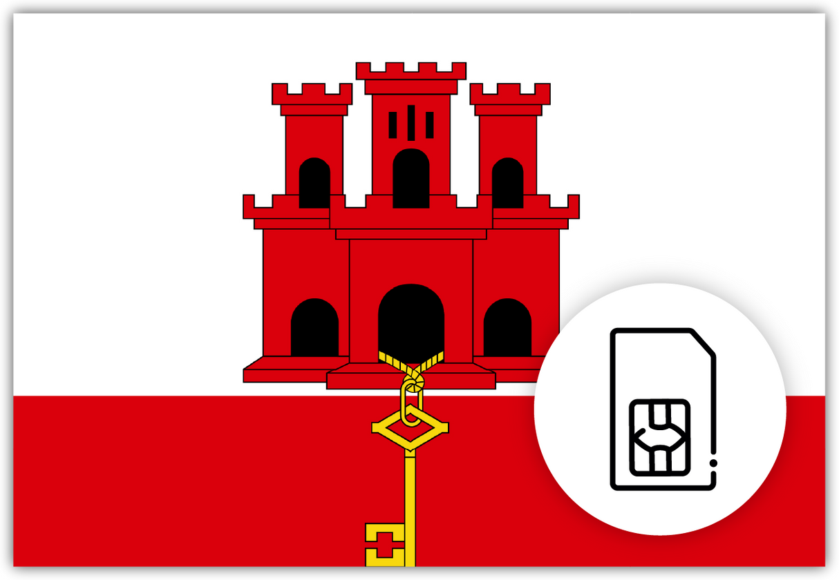 Gibraltar SIM Card – Travel connectivity for the Gibraltar. Image featuring the Gibraltarian flag and SIM icon