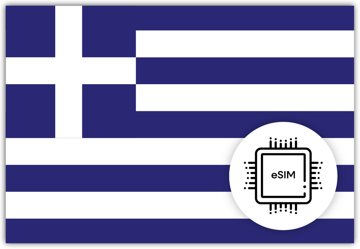 Greece eSIM – Travel connectivity for Greece. Image featuring the Greek flag and an eSIM icon