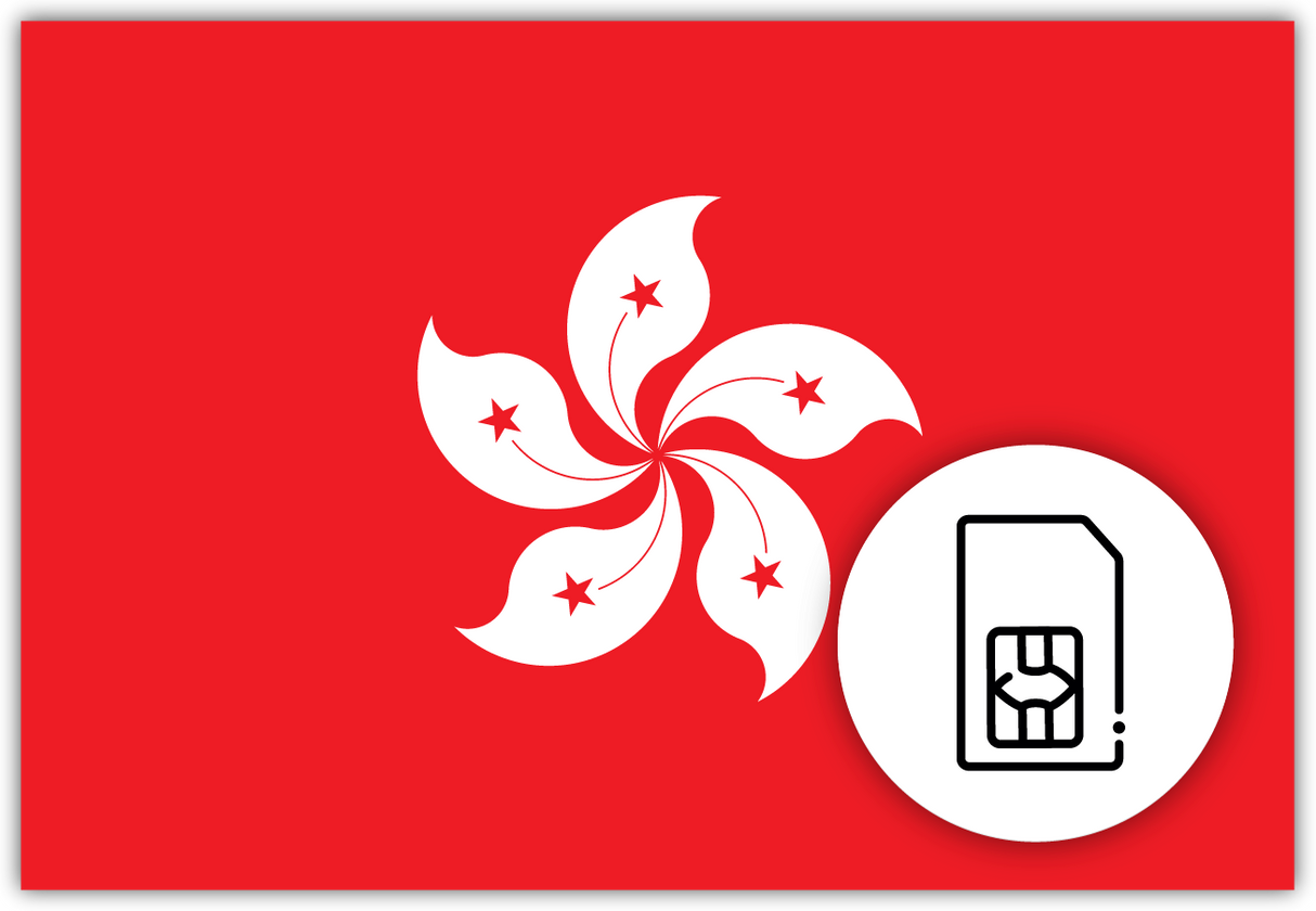 Hong Kong SIM Card – Travel connectivity for Hong Kong. Image featuring the Hong Kong flag and a SIM card icon