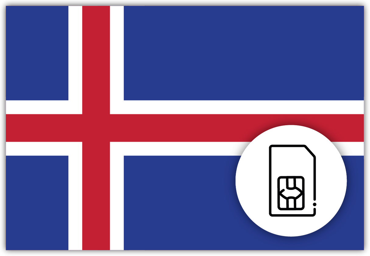 Iceland SIM Card – Travel connectivity for Iceland. Image featuring the Icelandic flag and a SIM Card icon