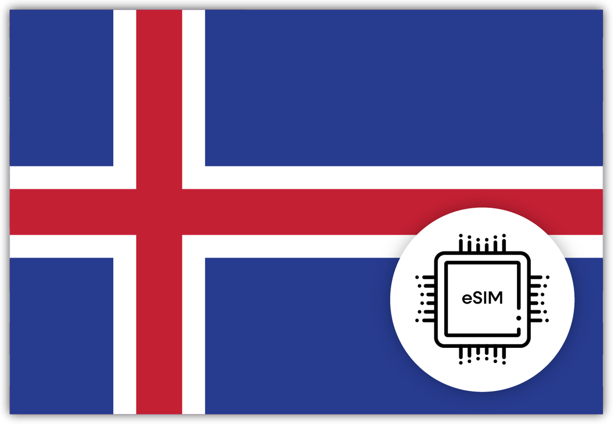 Iceland eSIM – Travel connectivity for Iceland. Image featuring the Icelandic flag and an eSIM icon