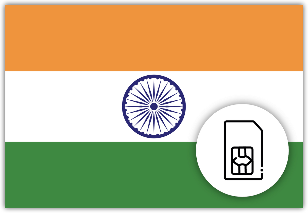 India SIM Card – Travel connectivity for India. Image featuring the Indian flag and a SIM card icon