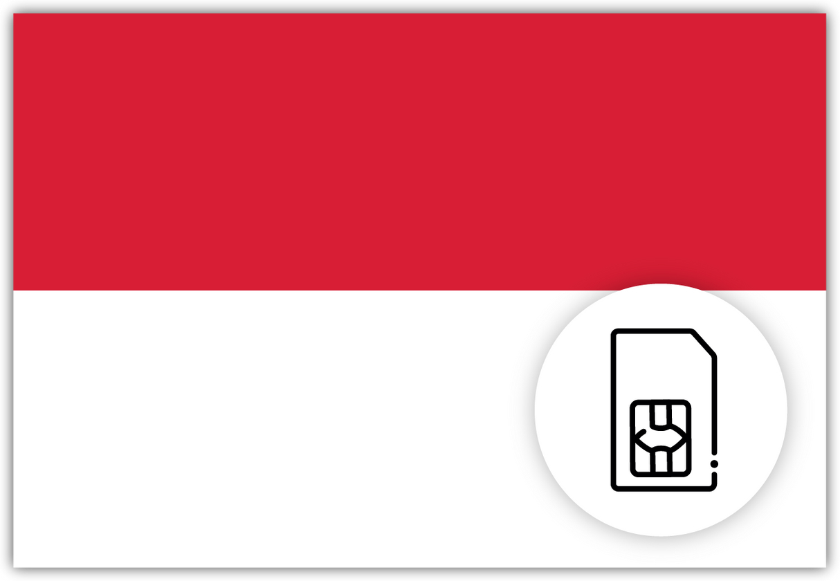 Indonesia SIM Card – Travel connectivity for Indonesia. Image featuring the Indonesian flag and a SIM card icon