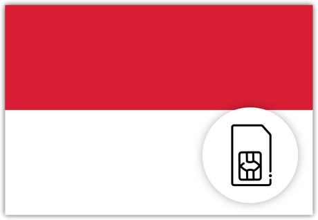 Indonesia SIM Card – Travel connectivity for Indonesia. Image featuring the Indonesian flag and a SIM card icon