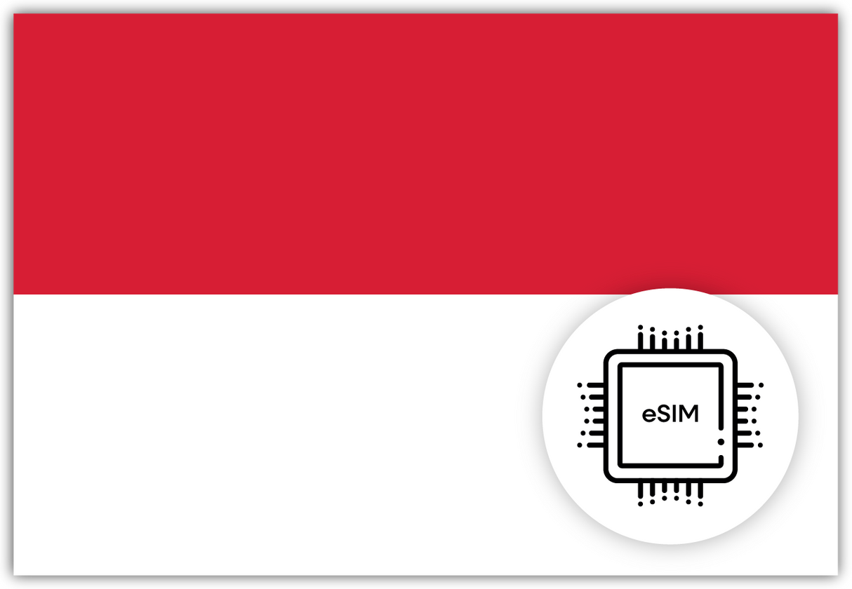 Indonesia eSIM – Travel connectivity for Indonesia. Image featuring the Indonesian flag and a eSIM icon