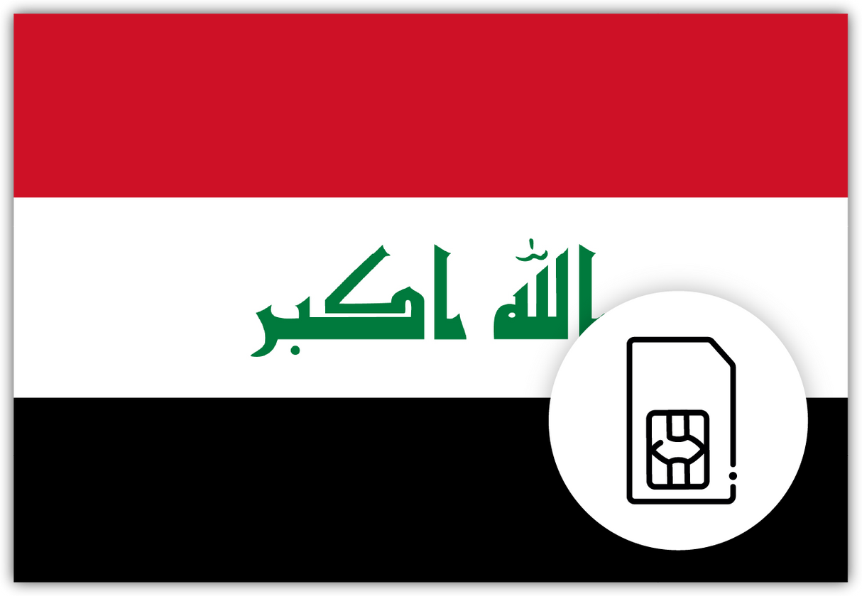 Iraq SIM Card – Travel connectivity for Iraq. Image featuring the Iraqi flag and a SIM card icon.