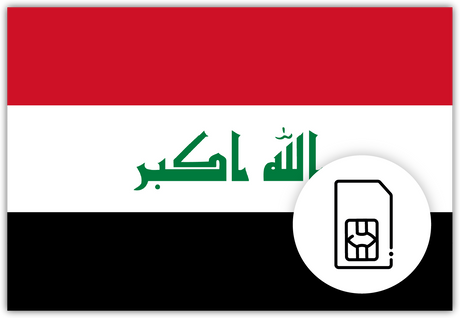 Iraq SIM Card – Travel connectivity for Iraq. Image featuring the Iraqi flag and a SIM card icon.