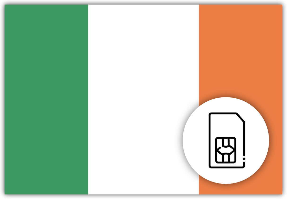 Ireland SIM Card – Travel connectivity for Ireland. Image featuring the Irish flag and a SIM Card icon