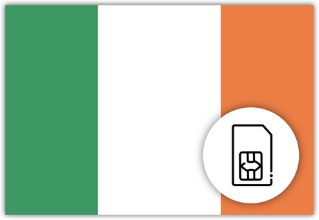 Ireland SIM Card – Travel connectivity for Ireland. Image featuring the Irish flag and a SIM Card icon
