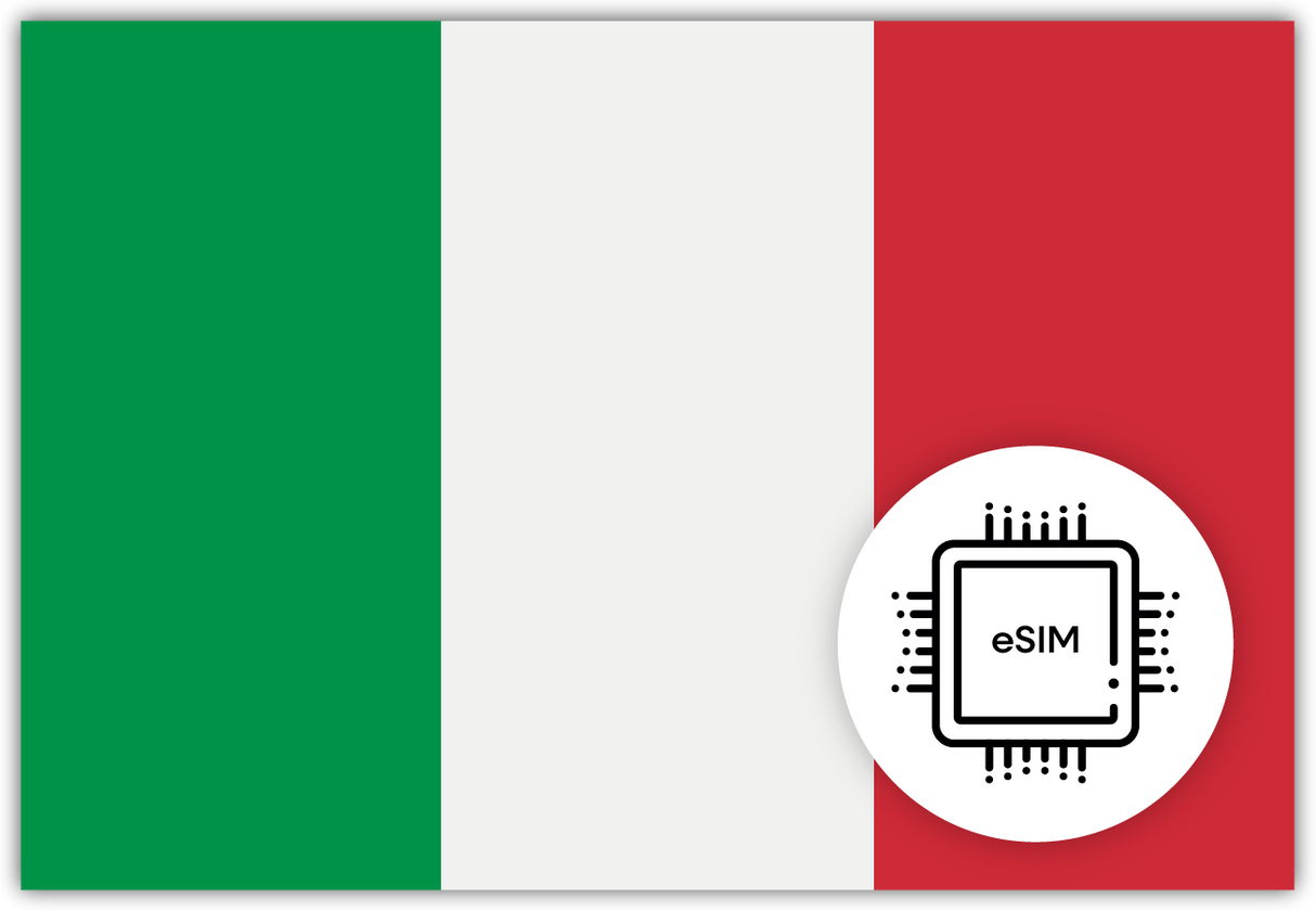 Italy eSIM – Travel connectivity for Italy. Image featuring the Italian flag and an eSIM icon