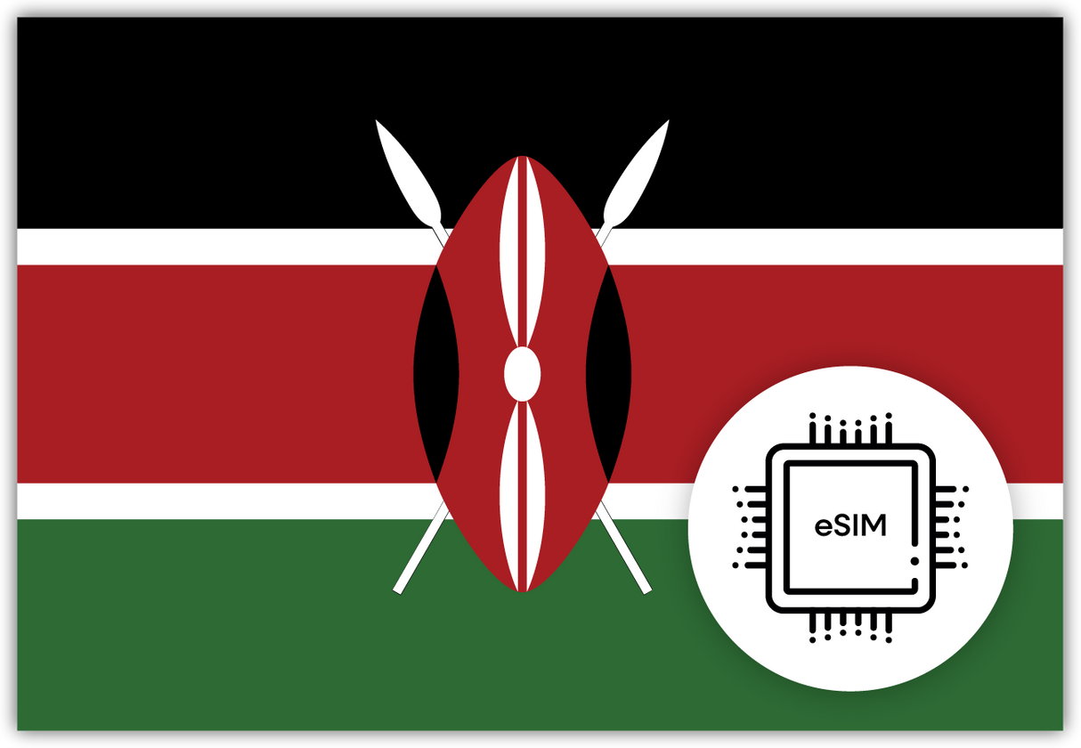 Kenya eSIM – Travel connectivity for Kenya. Image featuring the Kenyan flag and an eSIM icon.
