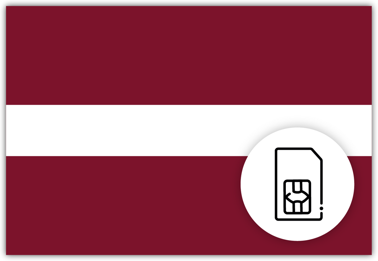 Latvia SIM Card – Travel connectivity for Latvia. Image featuring the Latvian flag and a SIM Card icon