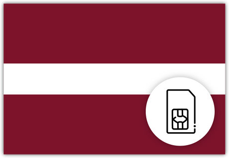 Latvia SIM Card – Travel connectivity for Latvia. Image featuring the Latvian flag and a SIM Card icon