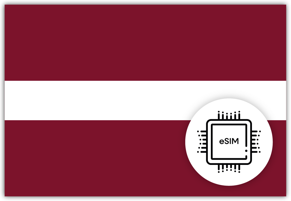 Latvia eSIM – Travel connectivity for Latvia. Image featuring the Latvian flag and an eSIM icon