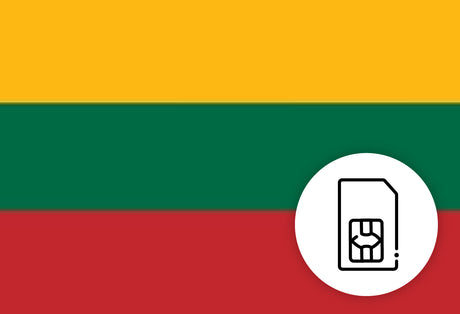 Lithuania SIM Card – Travel connectivity for Lithuania. Image featuring the Lithuanian flag and a SIM Card icon