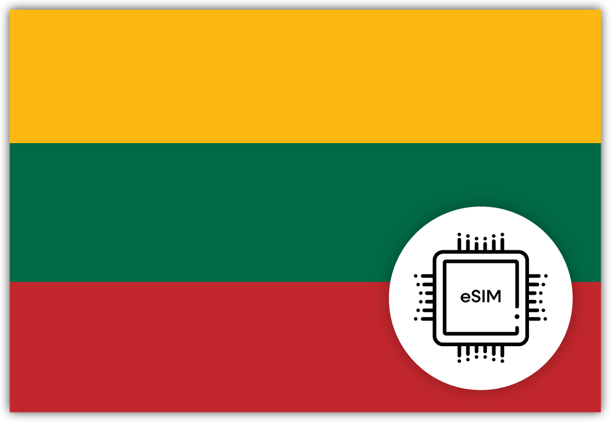 Lithuania eSIM – Travel connectivity for Lithuania. Image featuring the Lithuanian flag and an eSIM icon