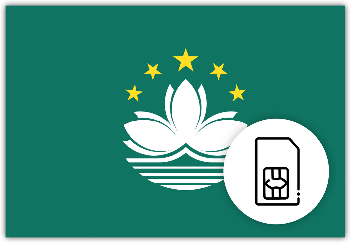 Macao SIM Card – Travel connectivity for Macao. Image featuring the Macao flag and a SIM card icon