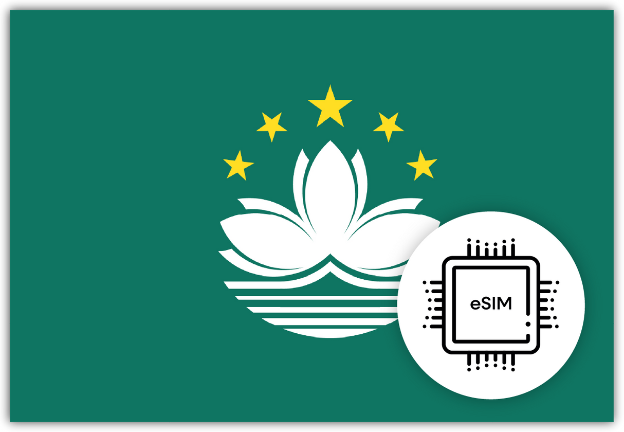 Macao SIM Card – Travel connectivity for Macao. Image featuring the Macao flag and eSIM icon