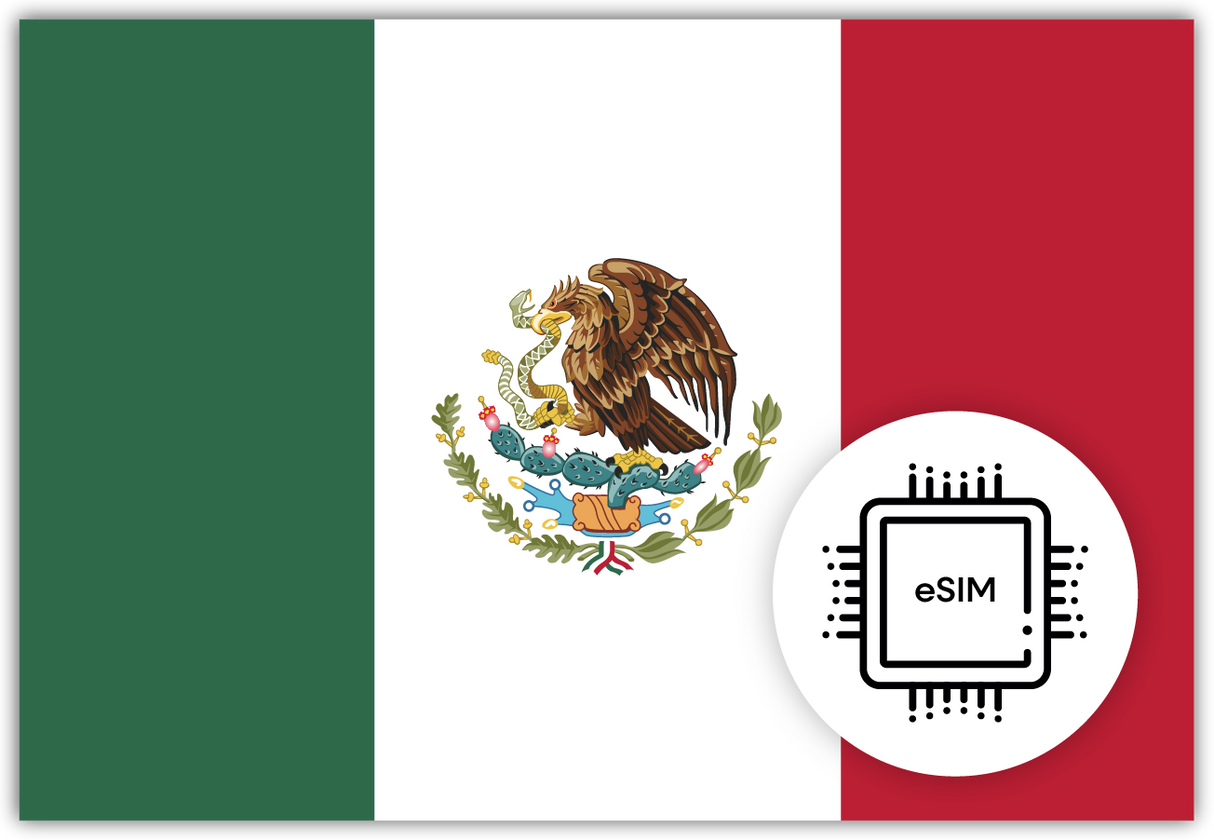 Mexico eSIM – Travel connectivity for Mexico. Image featuring the Mexican flag and eSIM icon