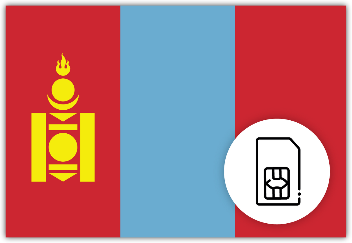 Mongolia SIM Card – Travel connectivity for Mongolia. Image featuring the Mongolian flag and a SIM card icon