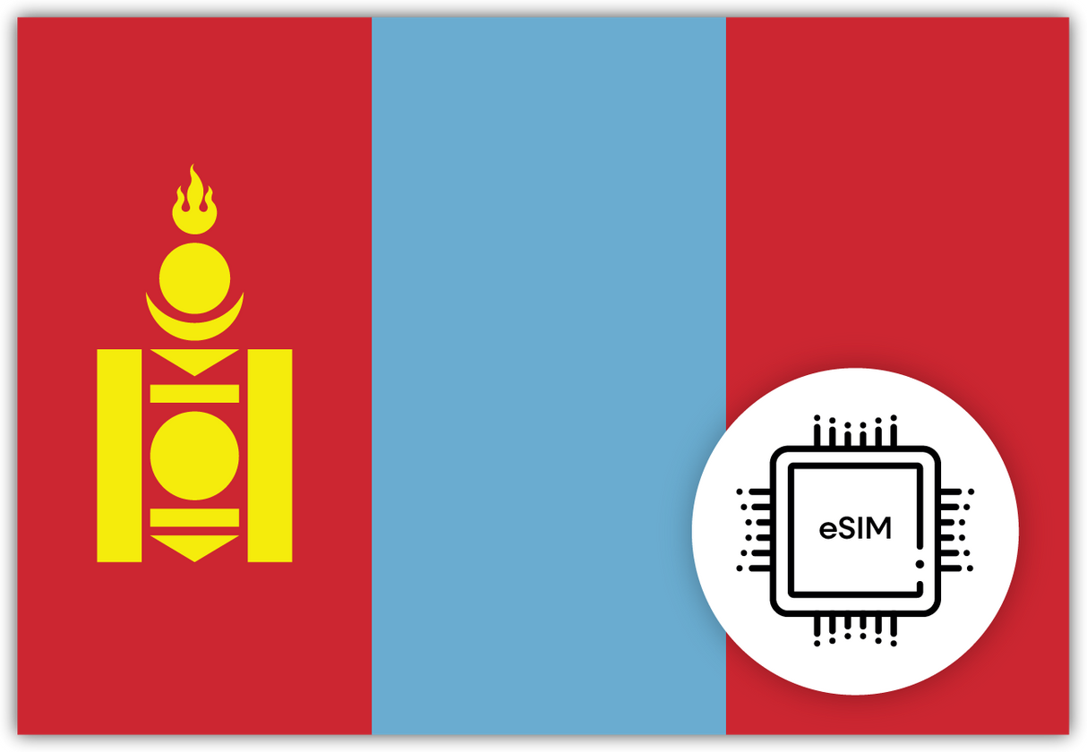Mongolia eSIM – Travel connectivity for Mongolia. Image featuring the Mongolian flag and eSIM icon.