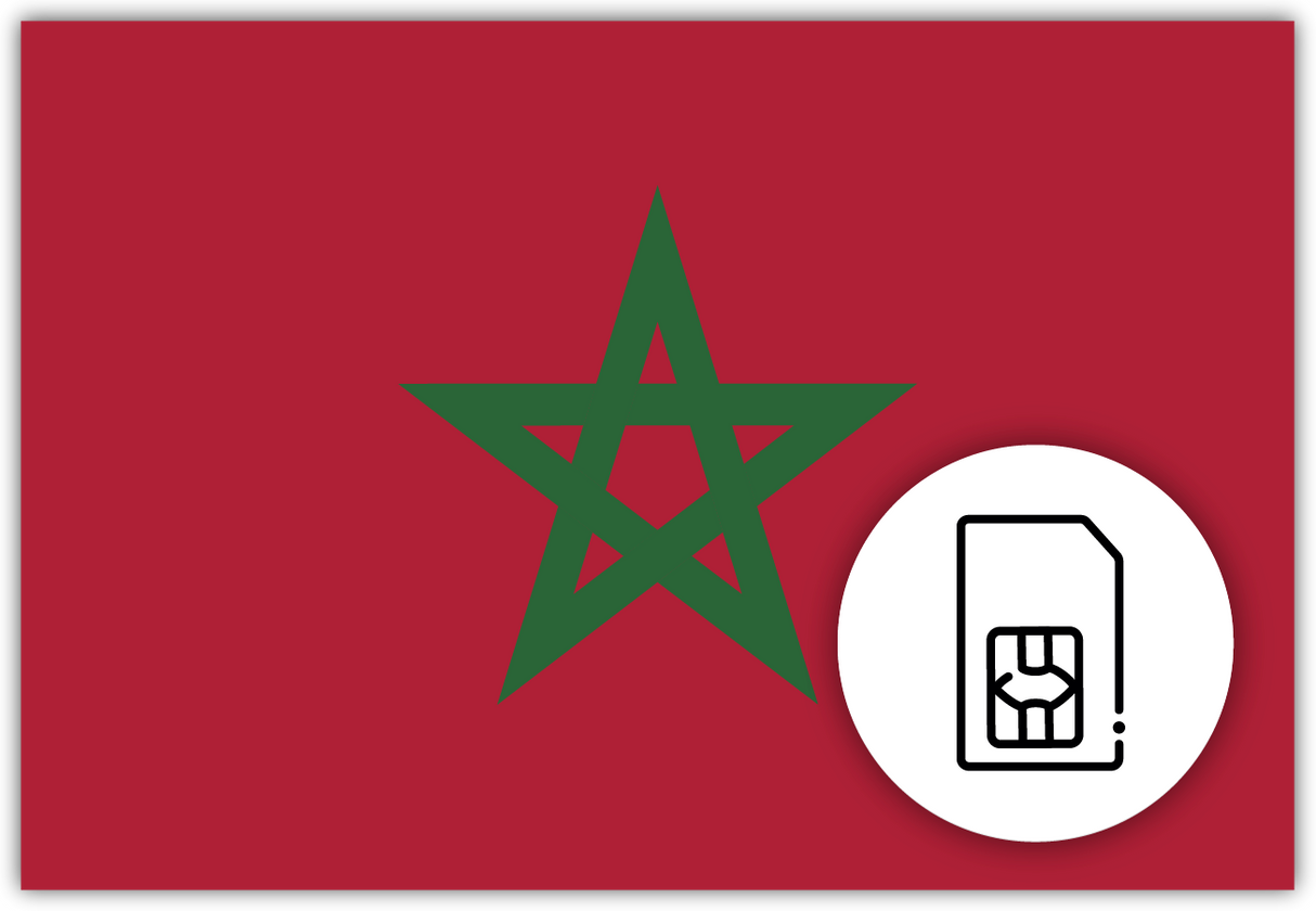Morocco SIM Card – Travel connectivity for Morocco. Image featuring the Moroccan flag and a SIM card icon