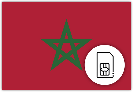Morocco SIM Card – Travel connectivity for Morocco. Image featuring the Moroccan flag and a SIM card icon