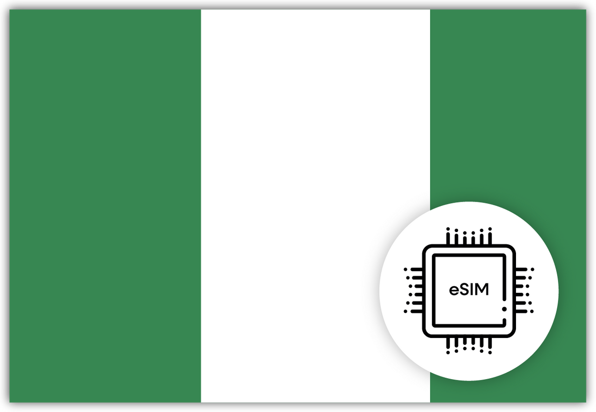 Nigeria eSIM – Travel connectivity for Nigeria. Image featuring the Nigerian flag and an eSIM icon.