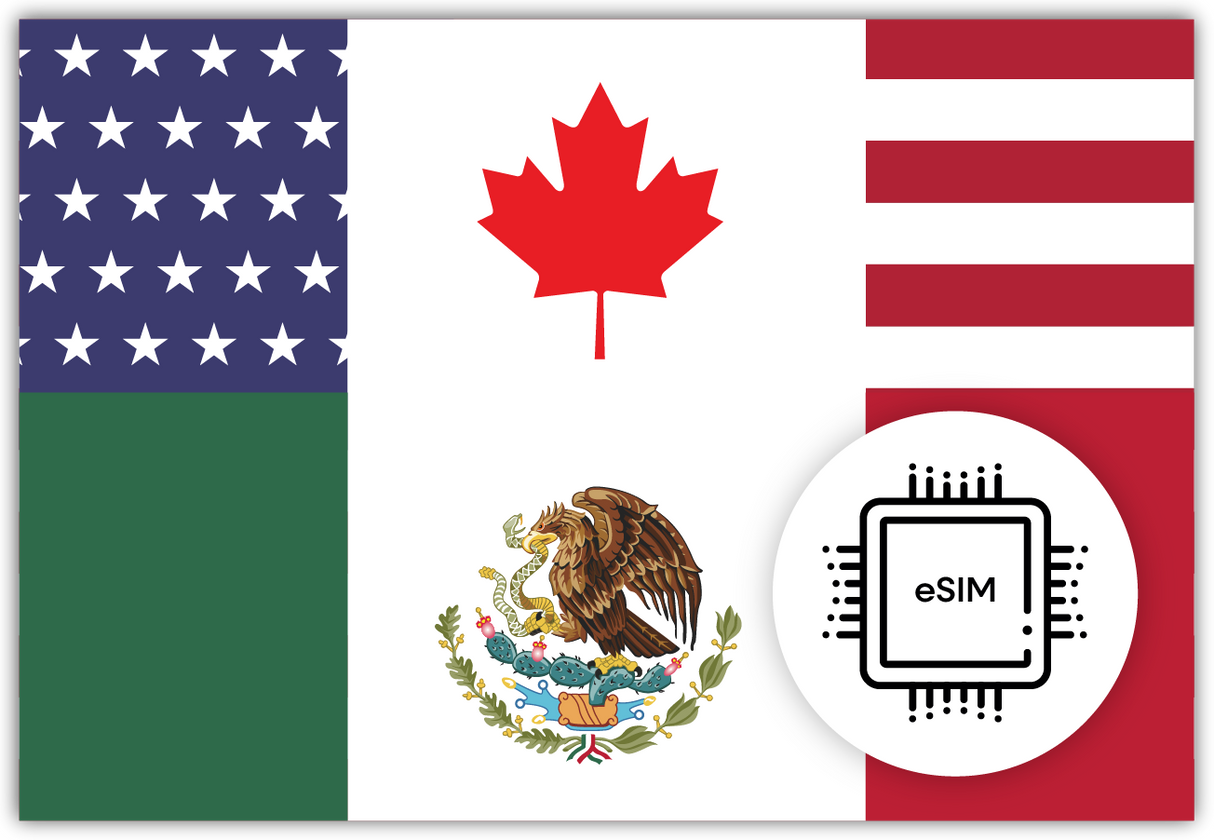 North America eSIM – Travel connectivity for North America. Image featuring the North American flag and an eSIM icon.