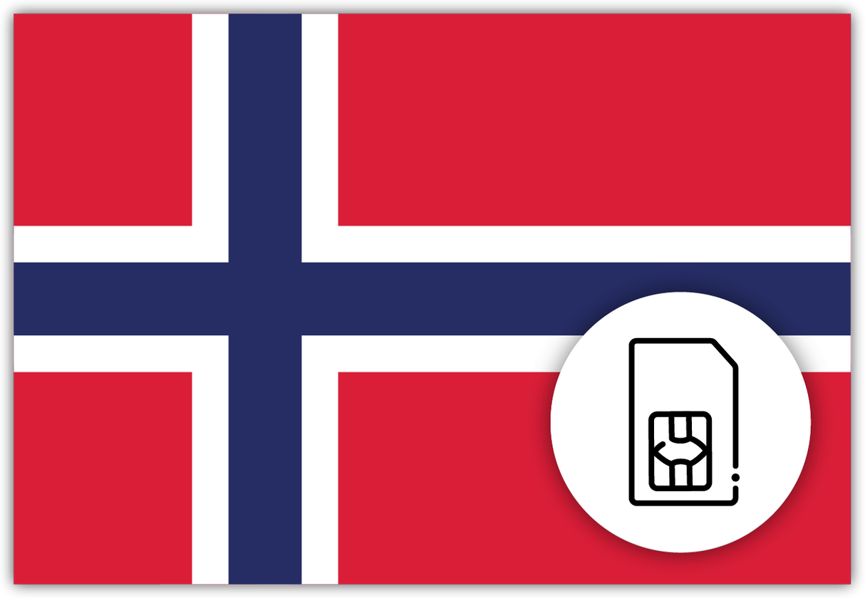 Norway SIM Card – Travel connectivity for Norway. Image featuring the Norwegian flag and a SIM Card icon