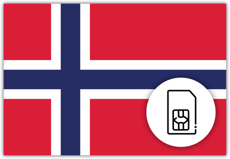 Norway SIM Card – Travel connectivity for Norway. Image featuring the Norwegian flag and a SIM Card icon