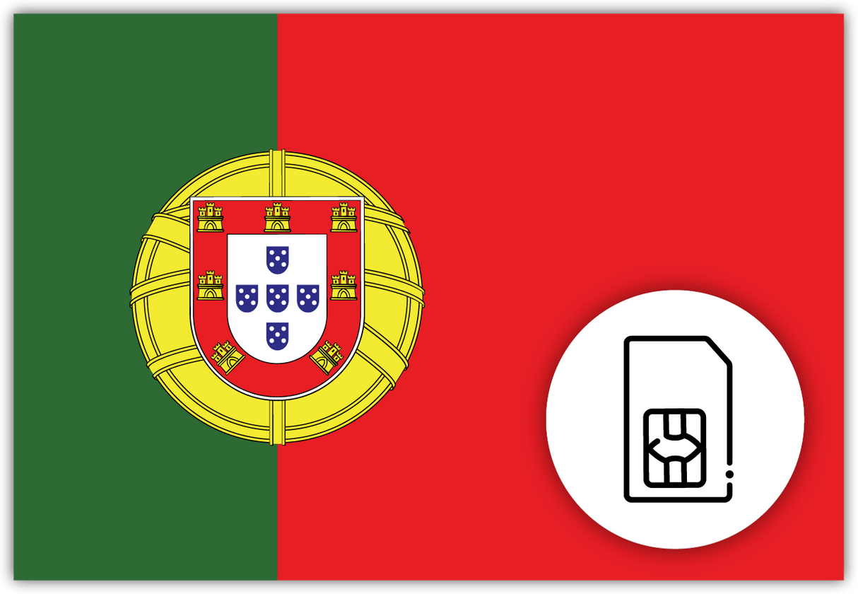 Portugal SIM Card – Travel connectivity for Portugal. Image featuring the Portuguese flag and a SIM card icon