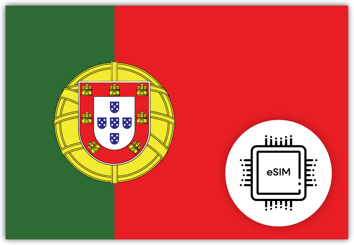 Portugal eSIM – Travel connectivity for Portugal. Image featuring the Portuguese flag and eSIM icon